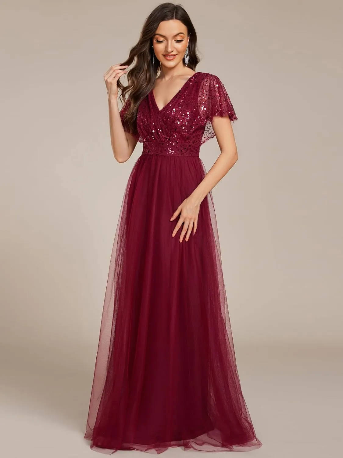 Ever-Pretty Women's V Neck Evening Dresses Ruffles Sleeves Sequin Empire Waist A-Line Maxi Formal Dresses 02223