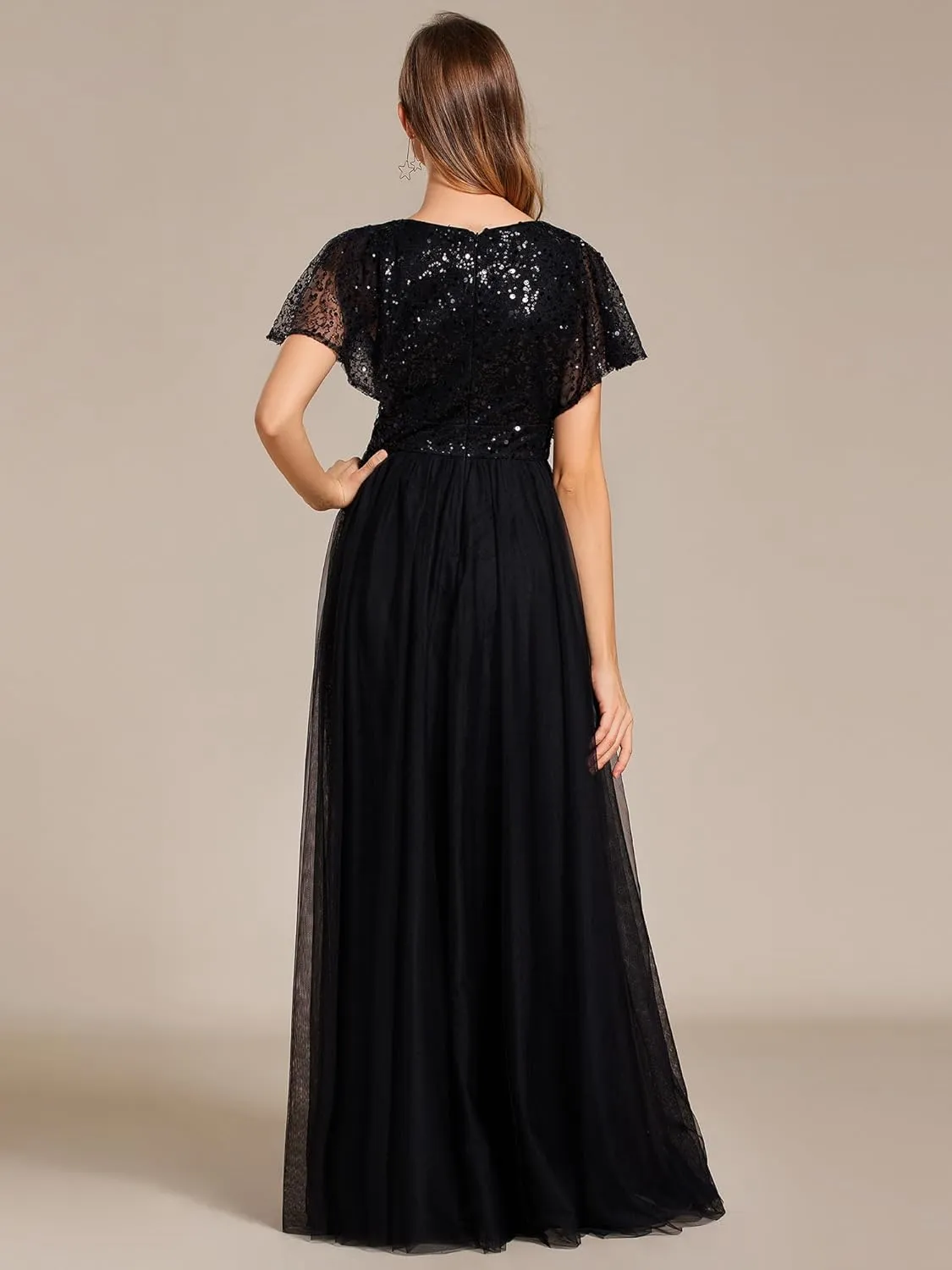 Ever-Pretty Women's V Neck Evening Dresses Ruffles Sleeves Sequin Empire Waist A-Line Maxi Formal Dresses 02223