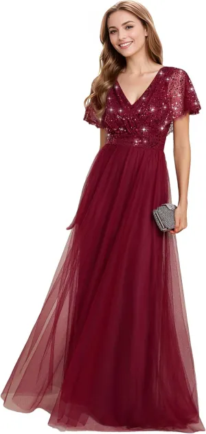Ever-Pretty Women's V Neck Evening Dresses Ruffles Sleeves Sequin Empire Waist A-Line Maxi Formal Dresses 02223