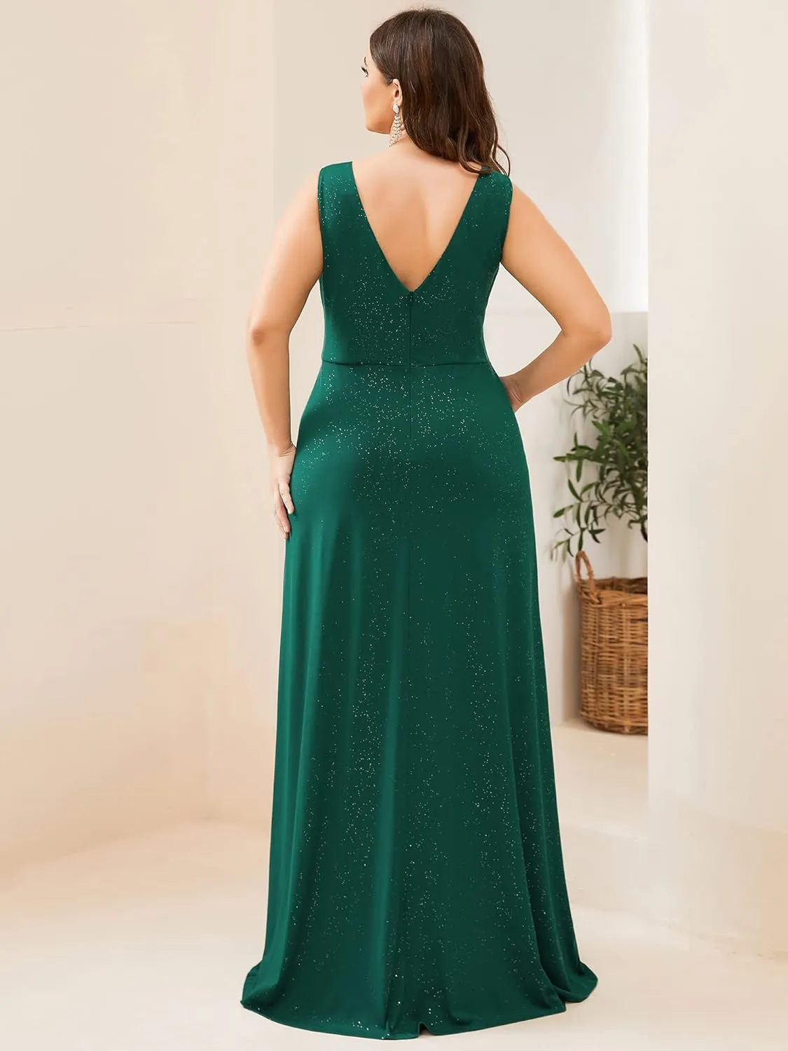 Ever-Pretty Women's V-Neck Glitter Dress Side Split Gliter Plus Size Semi Formal Dresses for Women 07505-DA