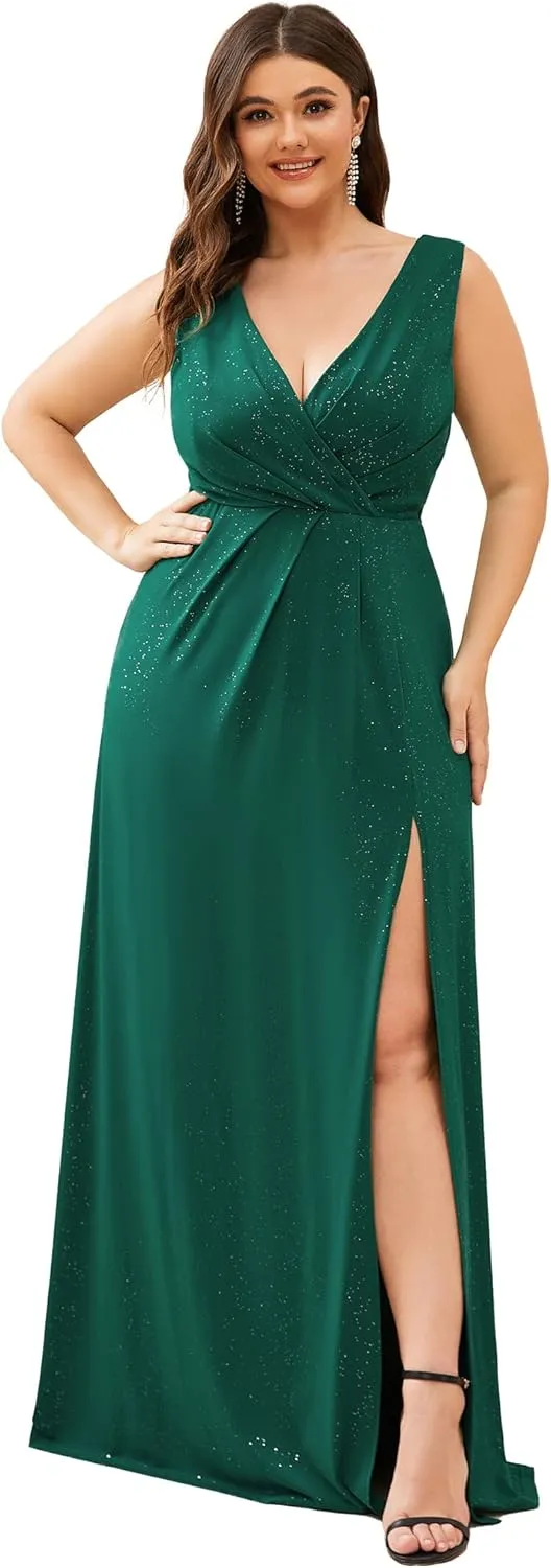 Ever-Pretty Women's V-Neck Glitter Dress Side Split Gliter Plus Size Semi Formal Dresses for Women 07505-DA