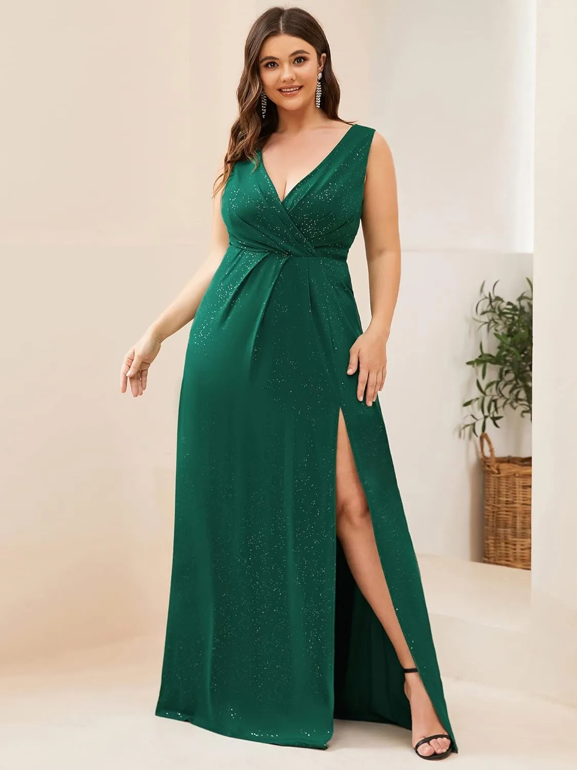 Ever-Pretty Women's V-Neck Glitter Dress Side Split Gliter Plus Size Semi Formal Dresses for Women 07505-DA