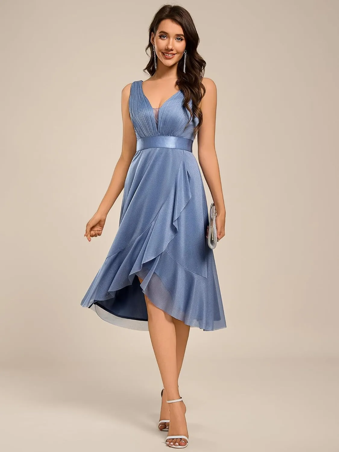 Ever-Pretty Women's V Neck Hi-Lo Sleeveless Glitter Pleated Ruffles Midi Cocktail Dress 54159