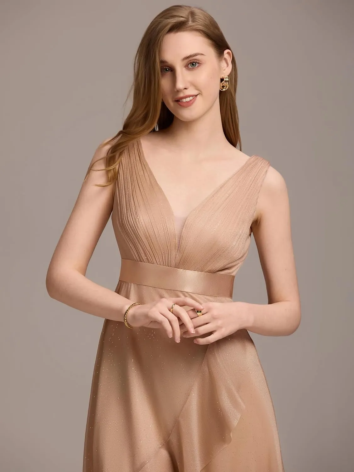 Ever-Pretty Women's V Neck Hi-Lo Sleeveless Glitter Pleated Ruffles Midi Cocktail Dress 54159