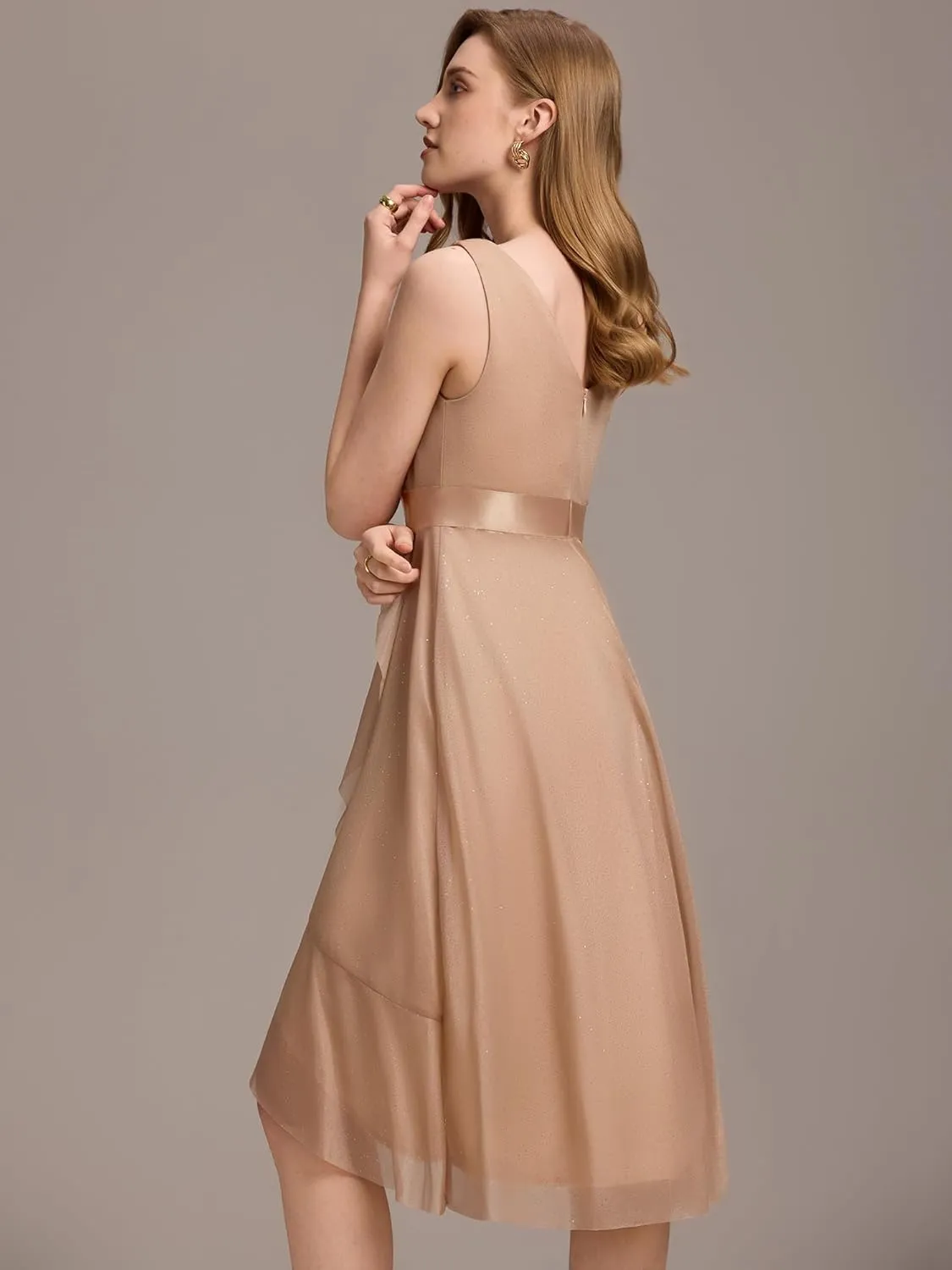 Ever-Pretty Women's V Neck Hi-Lo Sleeveless Glitter Pleated Ruffles Midi Cocktail Dress 54159
