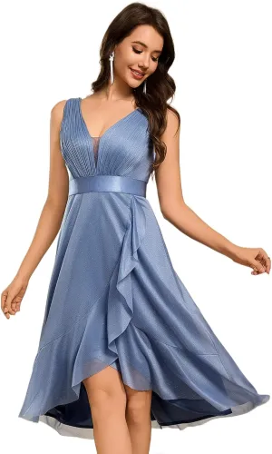 Ever-Pretty Women's V Neck Hi-Lo Sleeveless Glitter Pleated Ruffles Midi Cocktail Dress 54159