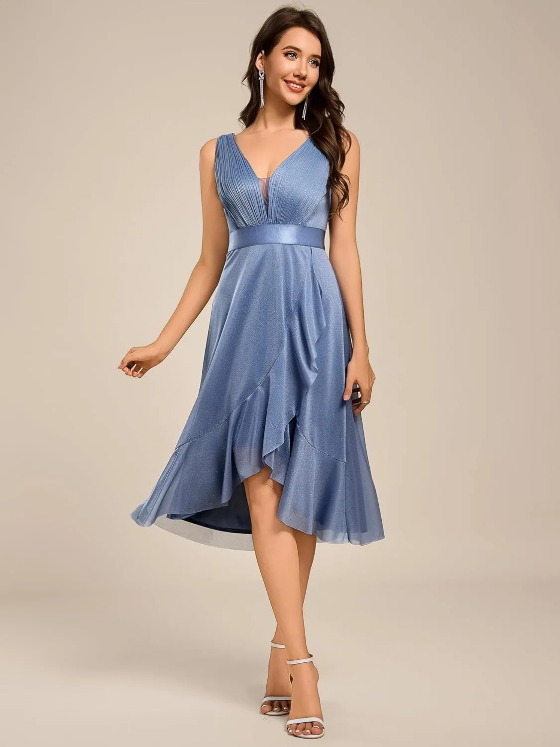 Ever-Pretty Women's V Neck Hi-Lo Sleeveless Glitter Pleated Ruffles Midi Cocktail Dress 54159