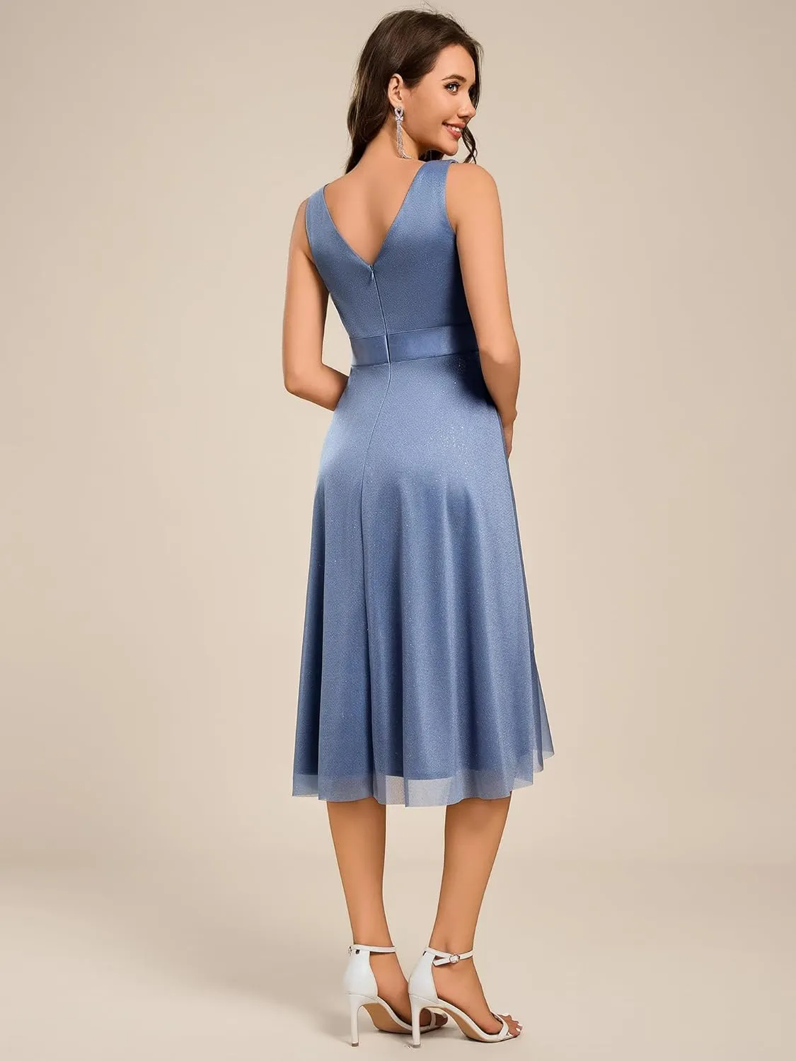 Ever-Pretty Women's V Neck Hi-Lo Sleeveless Glitter Pleated Ruffles Midi Cocktail Dress 54159