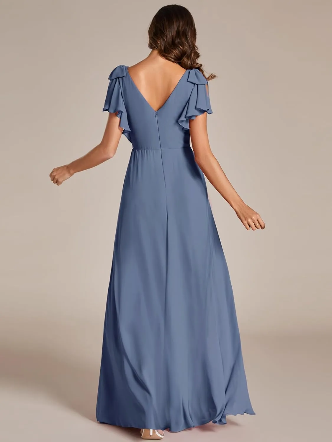 Ever-Pretty Women's V Neck High Waist Bridesmaid Dress Ruffle Sleeves Slit A Line Maxi Semi Formal Dresses 02080