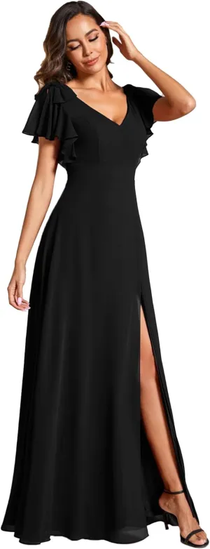 Ever-Pretty Women's V Neck High Waist Bridesmaid Dress Ruffle Sleeves Slit A Line Maxi Semi Formal Dresses 02080