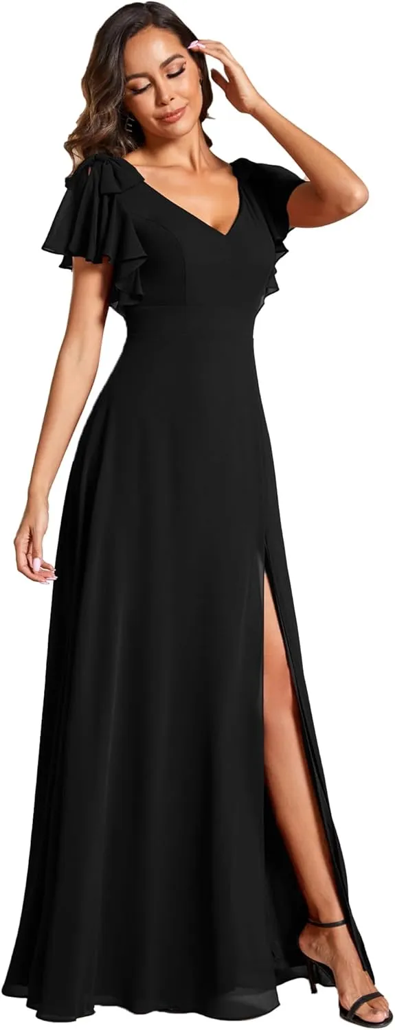 Ever-Pretty Women's V Neck High Waist Bridesmaid Dress Ruffle Sleeves Slit A Line Maxi Semi Formal Dresses 02080