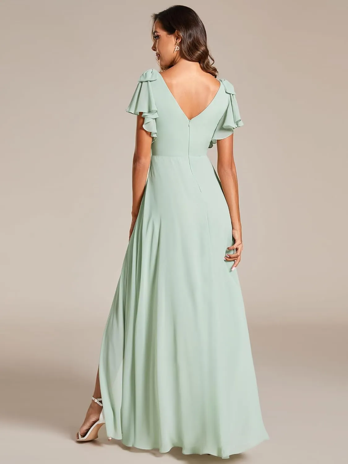 Ever-Pretty Women's V Neck High Waist Bridesmaid Dress Ruffle Sleeves Slit A Line Maxi Semi Formal Dresses 02080