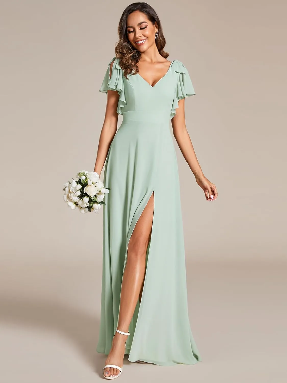 Ever-Pretty Women's V Neck High Waist Bridesmaid Dress Ruffle Sleeves Slit A Line Maxi Semi Formal Dresses 02080