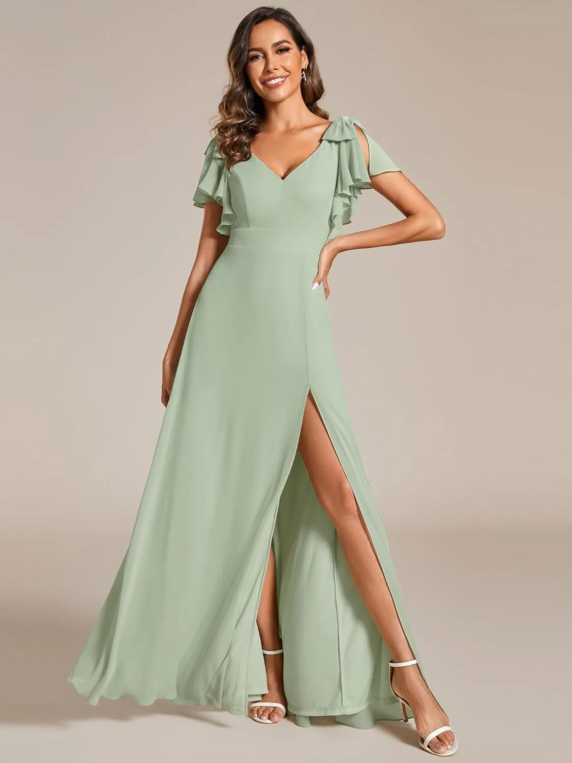 Ever-Pretty Women's V Neck High Waist Bridesmaid Dress Ruffle Sleeves Slit A Line Maxi Semi Formal Dresses 02080