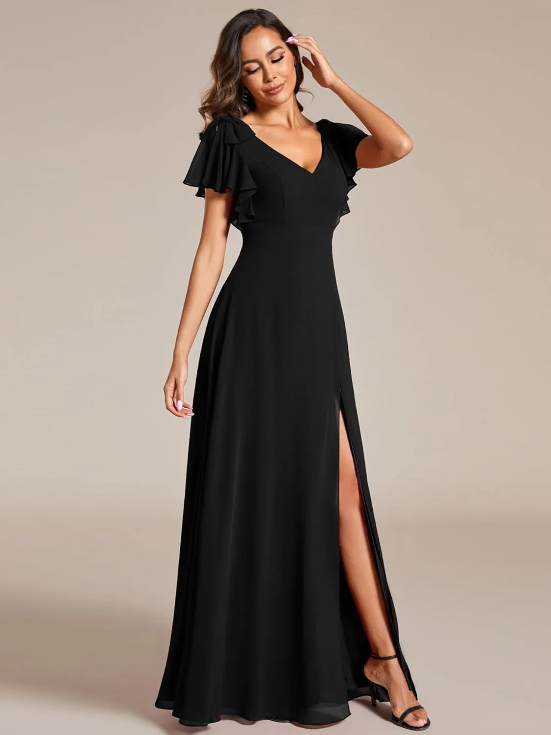Ever-Pretty Women's V Neck High Waist Bridesmaid Dress Ruffle Sleeves Slit A Line Maxi Semi Formal Dresses 02080