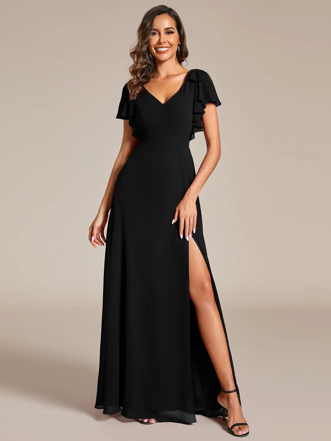 Ever-Pretty Women's V Neck High Waist Bridesmaid Dress Ruffle Sleeves Slit A Line Maxi Semi Formal Dresses 02080
