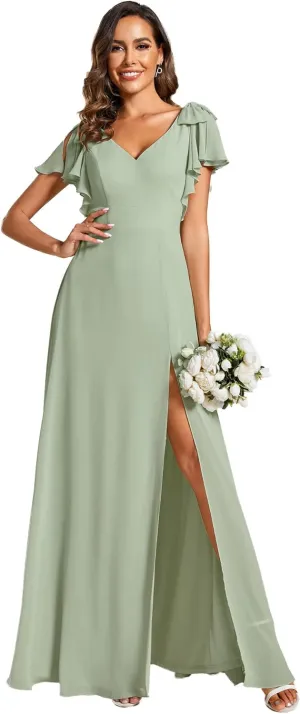 Ever-Pretty Women's V Neck High Waist Bridesmaid Dress Ruffle Sleeves Slit A Line Maxi Semi Formal Dresses 02080