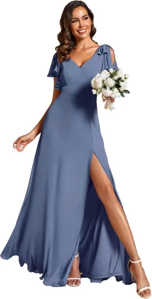 Ever-Pretty Women's V Neck High Waist Bridesmaid Dress Ruffle Sleeves Slit A Line Maxi Semi Formal Dresses 02080