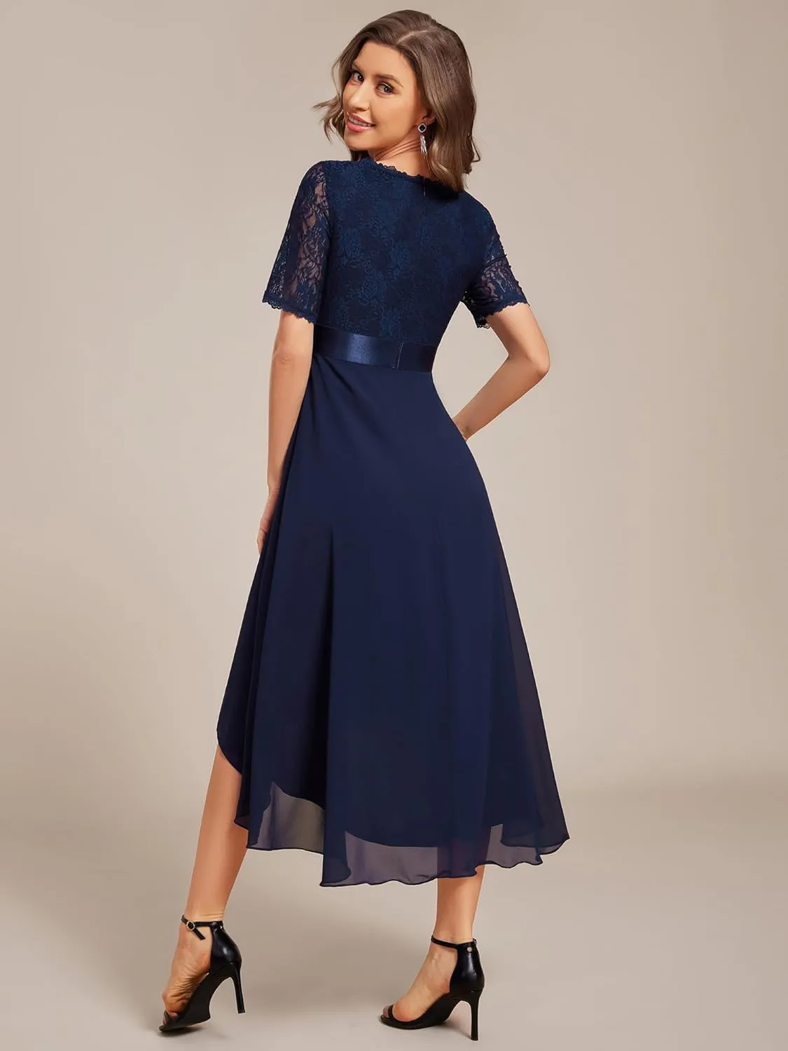 Ever-Pretty Women's V Neck Lace Chiffon Half Sleeves A Line Hi-Lo Wedding Guest Dresses 04489