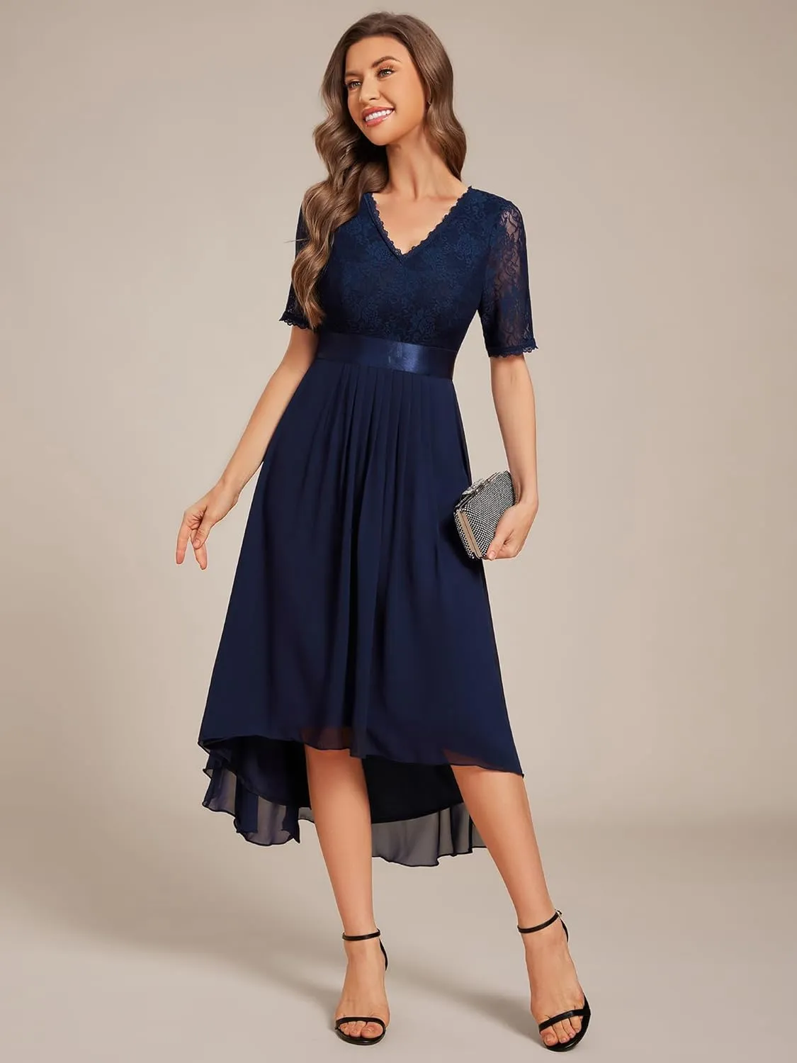 Ever-Pretty Women's V Neck Lace Chiffon Half Sleeves A Line Hi-Lo Wedding Guest Dresses 04489