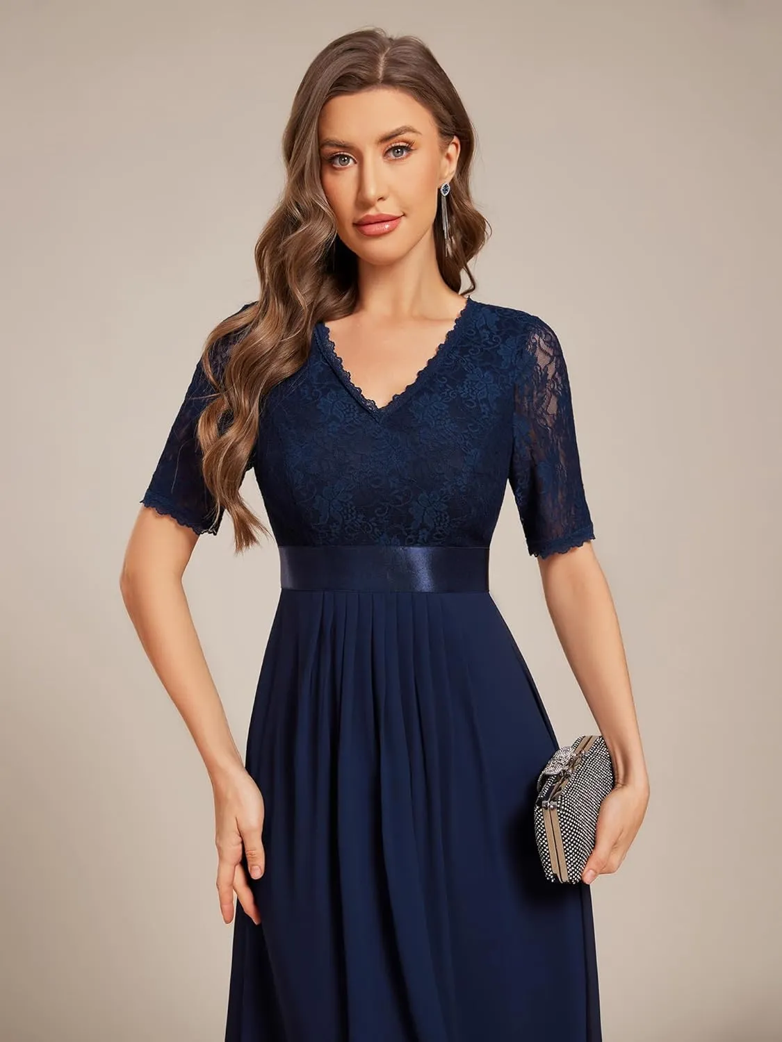 Ever-Pretty Women's V Neck Lace Chiffon Half Sleeves A Line Hi-Lo Wedding Guest Dresses 04489