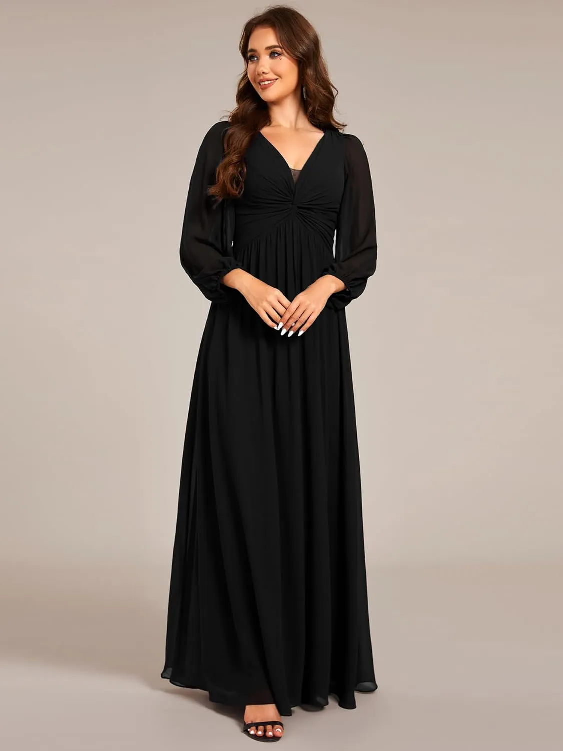 Ever-Pretty Women's V-Neck Long Sleeves A-Line Pleated Chiffon Floor Length Formal Dress 02235
