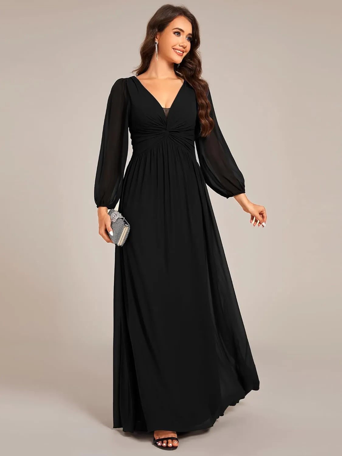 Ever-Pretty Women's V-Neck Long Sleeves A-Line Pleated Chiffon Floor Length Formal Dress 02235