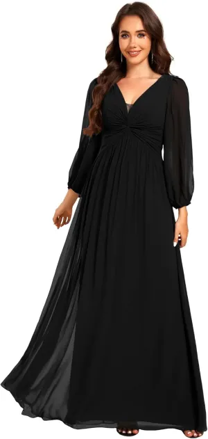 Ever-Pretty Women's V-Neck Long Sleeves A-Line Pleated Chiffon Floor Length Formal Dress 02235