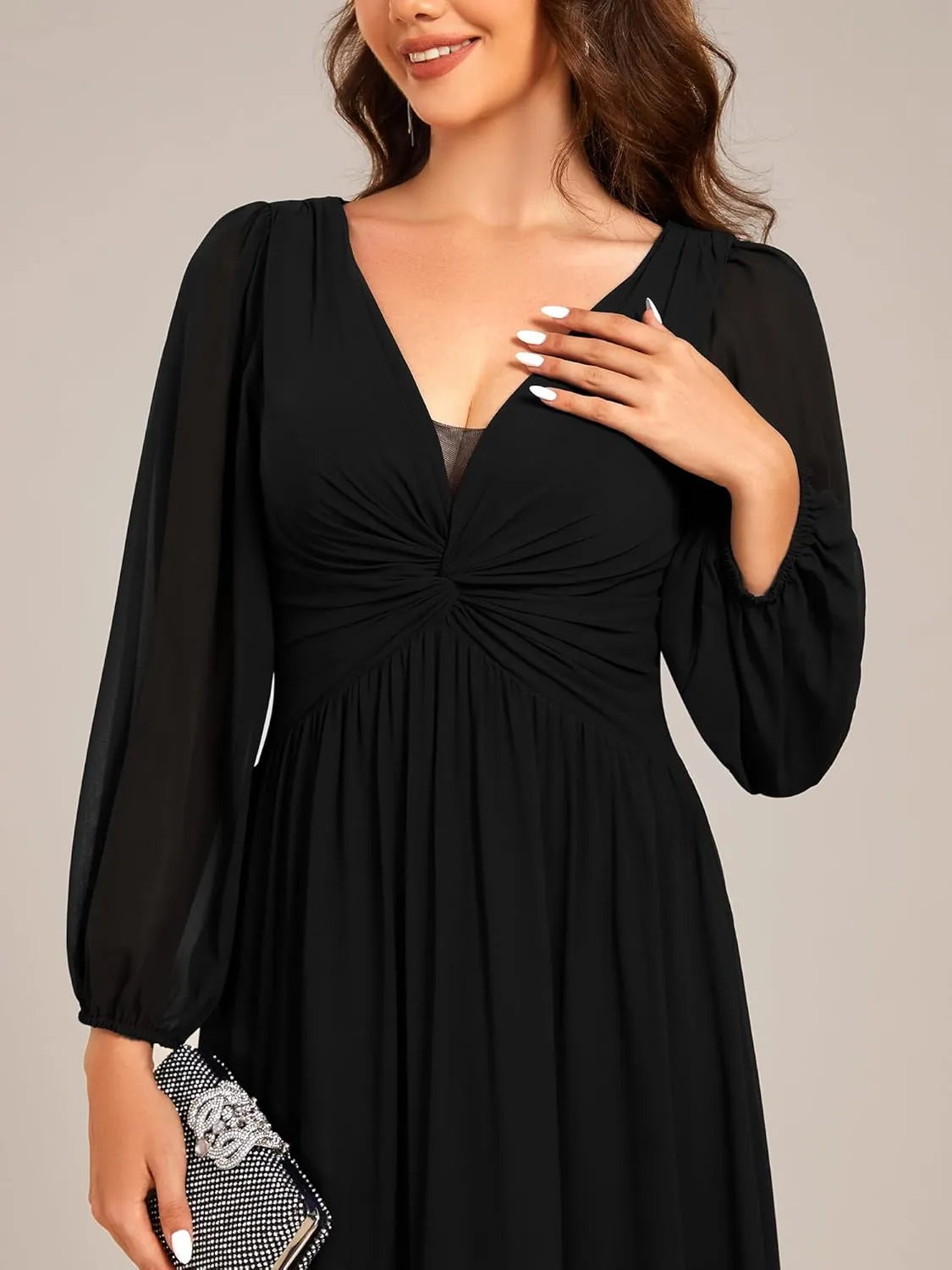 Ever-Pretty Women's V-Neck Long Sleeves A-Line Pleated Chiffon Floor Length Formal Dress 02235