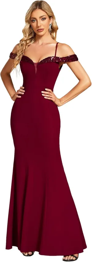 Ever-Pretty Women's V Neck Off Shoulder Sequin Sleeves Mermaid Floor Length Maxi Evening Dresses 01737