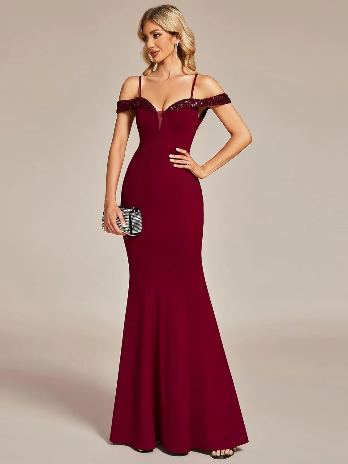 Ever-Pretty Women's V Neck Off Shoulder Sequin Sleeves Mermaid Floor Length Maxi Evening Dresses 01737