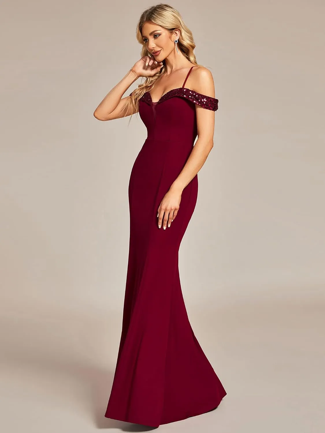 Ever-Pretty Women's V Neck Off Shoulder Sequin Sleeves Mermaid Floor Length Maxi Evening Dresses 01737