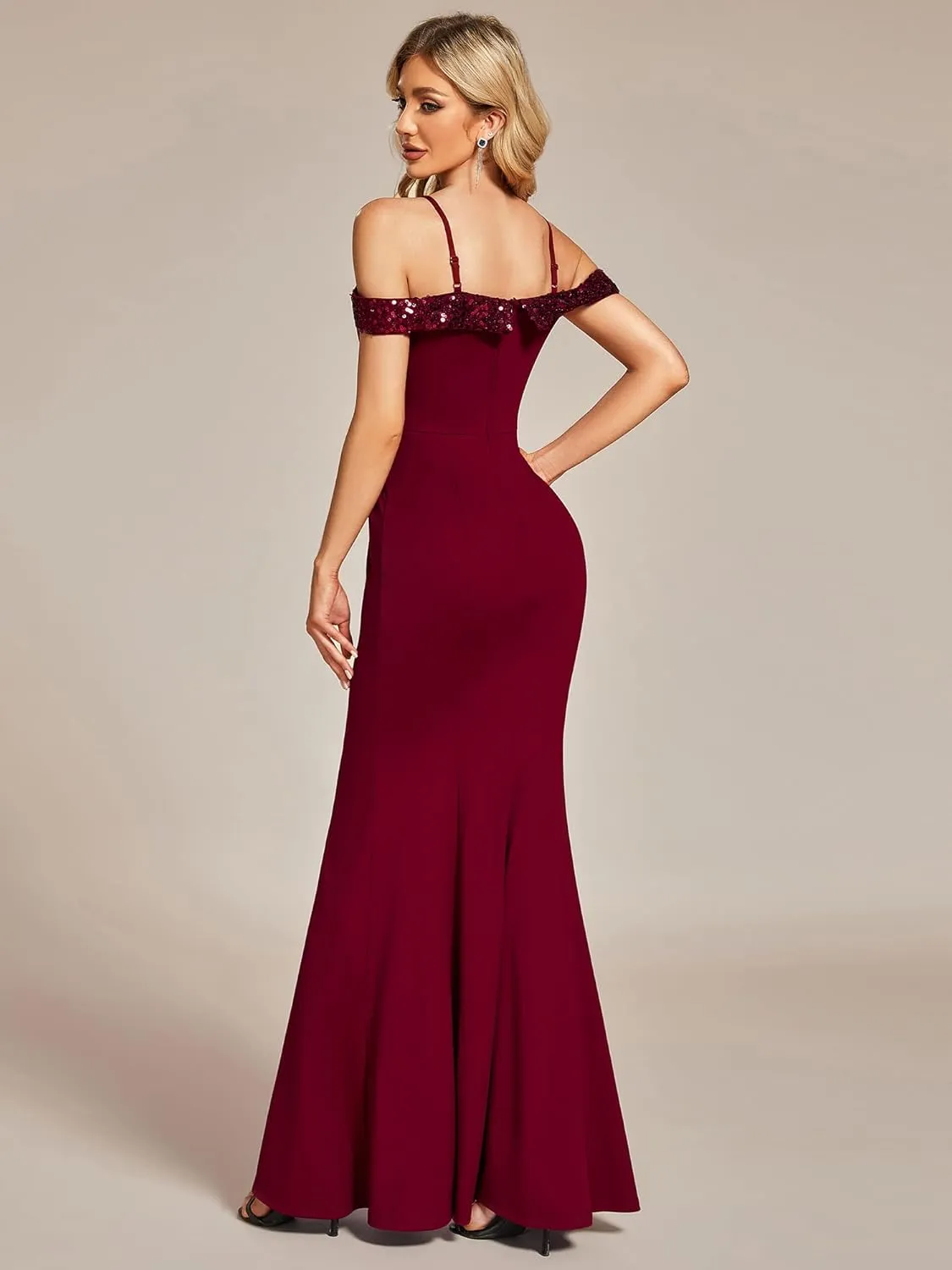 Ever-Pretty Women's V Neck Off Shoulder Sequin Sleeves Mermaid Floor Length Maxi Evening Dresses 01737