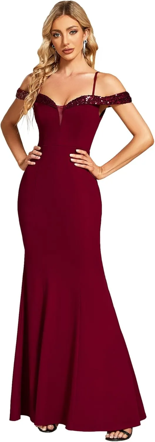 Ever-Pretty Women's V Neck Off Shoulder Sequin Sleeves Mermaid Floor Length Maxi Evening Dresses 01737
