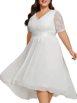 Ever-Pretty Women's V Neck Pleated A Line Lace Chiffon Half Sleeves Midi Plus Size Cocktail Wedding Guest Dresses