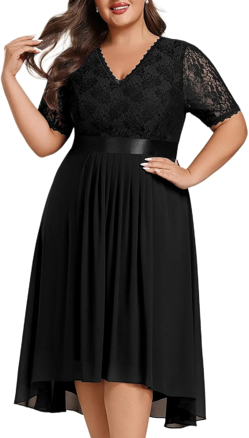 Ever-Pretty Women's V Neck Pleated A Line Lace Chiffon Half Sleeves Midi Plus Size Cocktail Wedding Guest Dresses