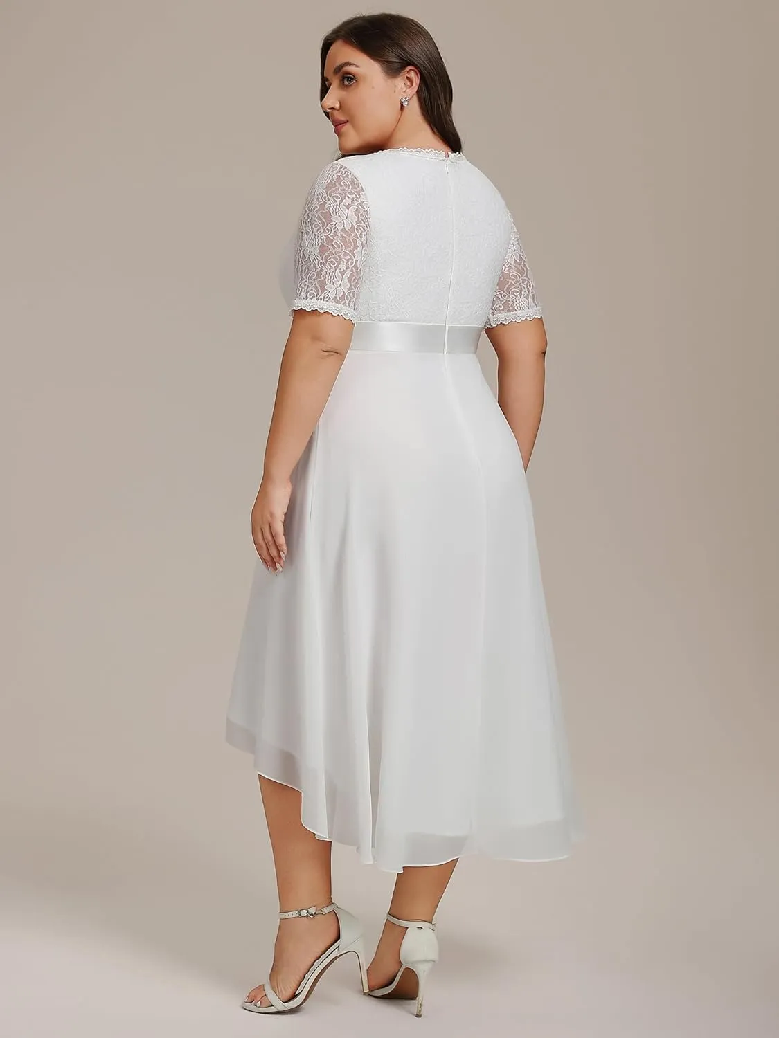 Ever-Pretty Women's V Neck Pleated A Line Lace Chiffon Half Sleeves Midi Plus Size Cocktail Wedding Guest Dresses