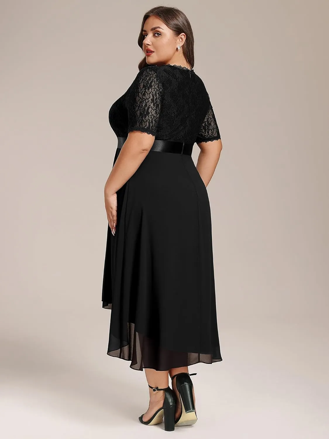 Ever-Pretty Women's V Neck Pleated A Line Lace Chiffon Half Sleeves Midi Plus Size Cocktail Wedding Guest Dresses
