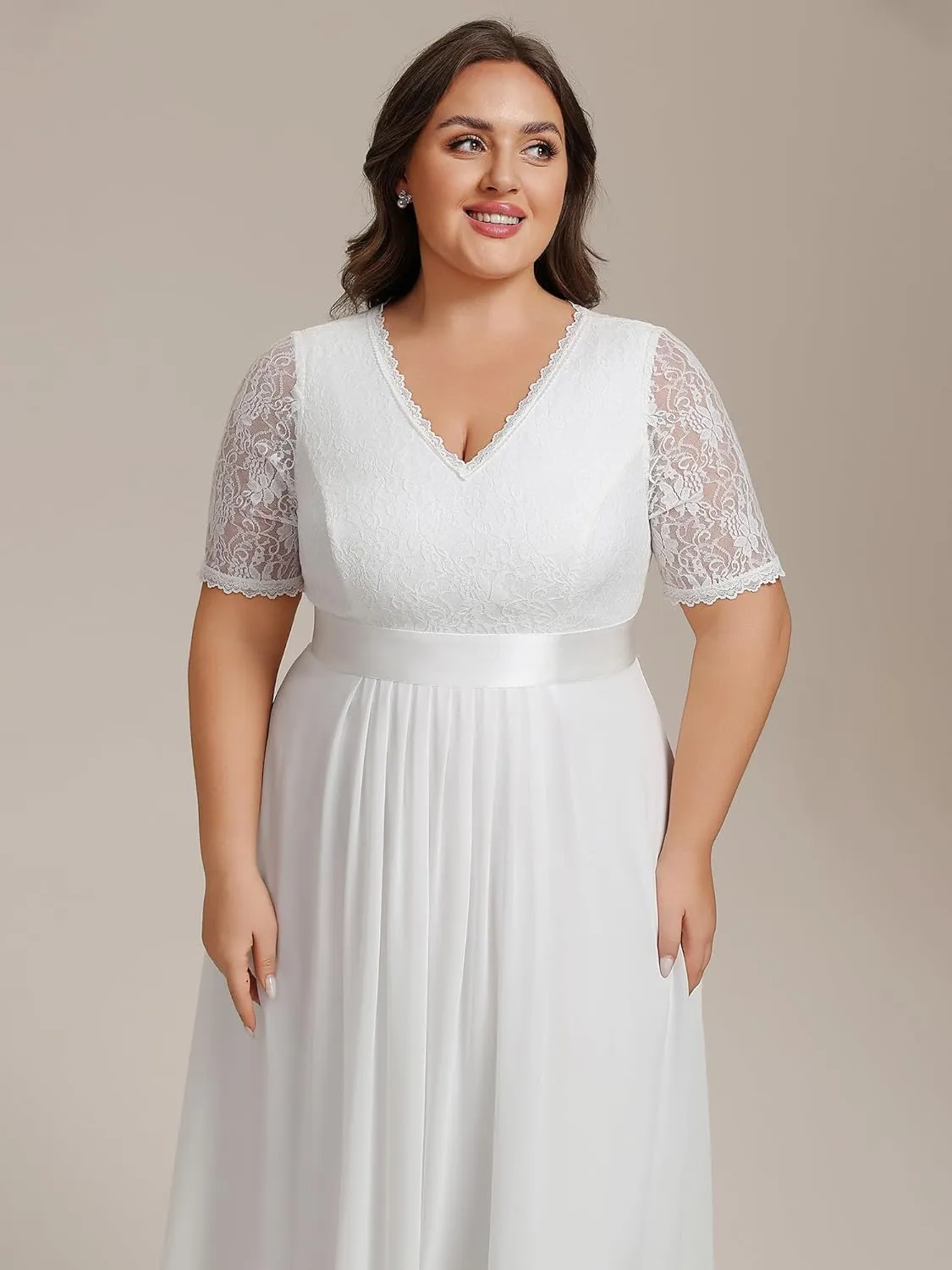 Ever-Pretty Women's V Neck Pleated A Line Lace Chiffon Half Sleeves Midi Plus Size Cocktail Wedding Guest Dresses