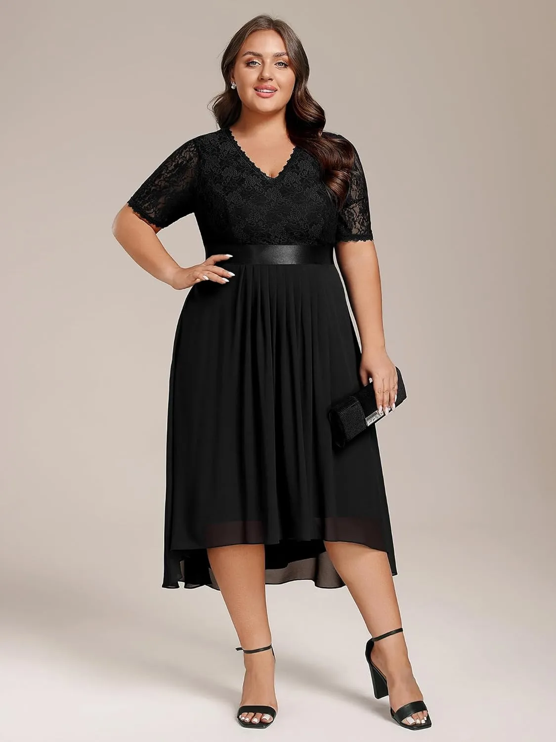 Ever-Pretty Women's V Neck Pleated A Line Lace Chiffon Half Sleeves Midi Plus Size Cocktail Wedding Guest Dresses