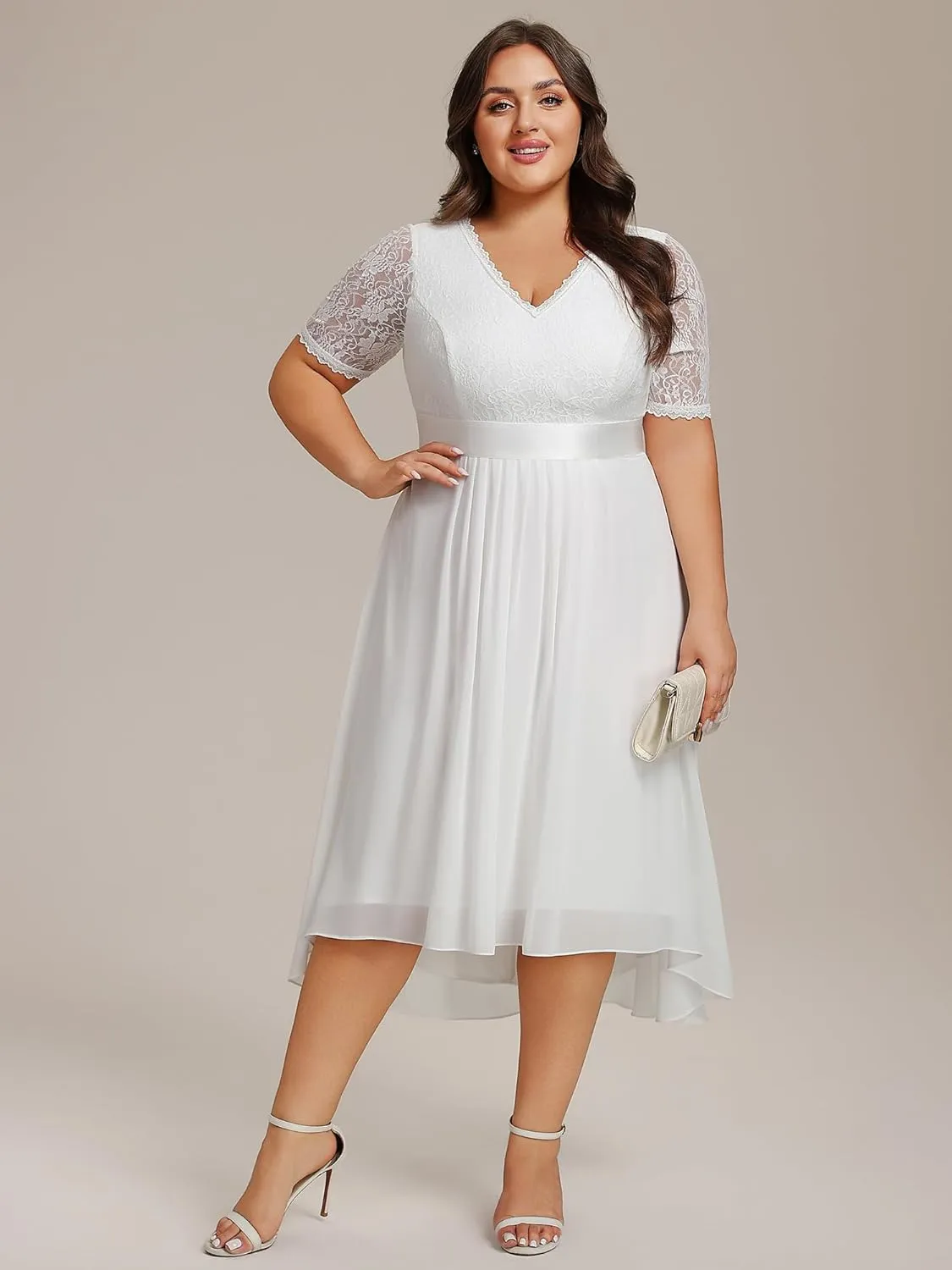 Ever-Pretty Women's V Neck Pleated A Line Lace Chiffon Half Sleeves Midi Plus Size Cocktail Wedding Guest Dresses