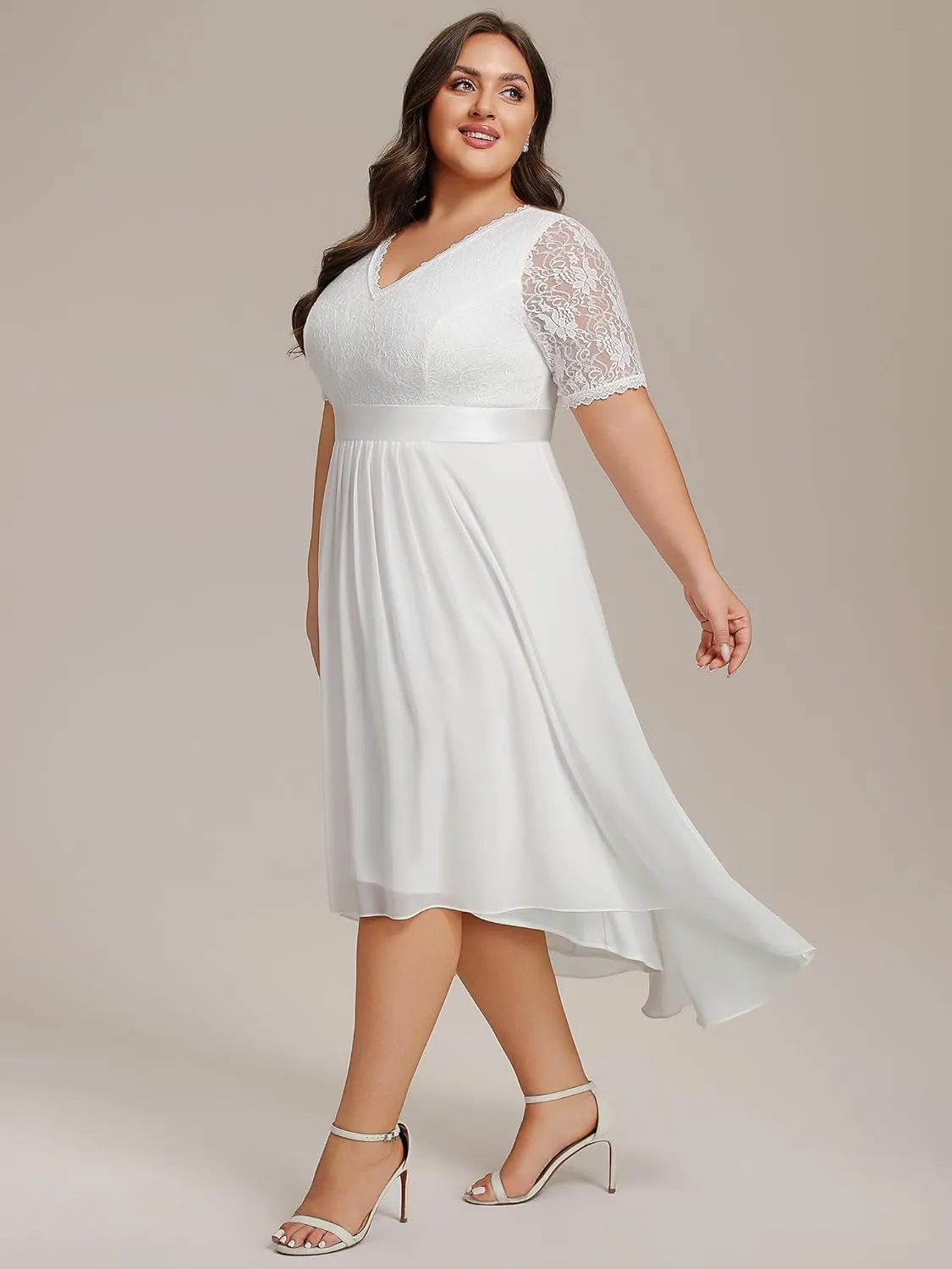 Ever-Pretty Women's V Neck Pleated A Line Lace Chiffon Half Sleeves Midi Plus Size Cocktail Wedding Guest Dresses