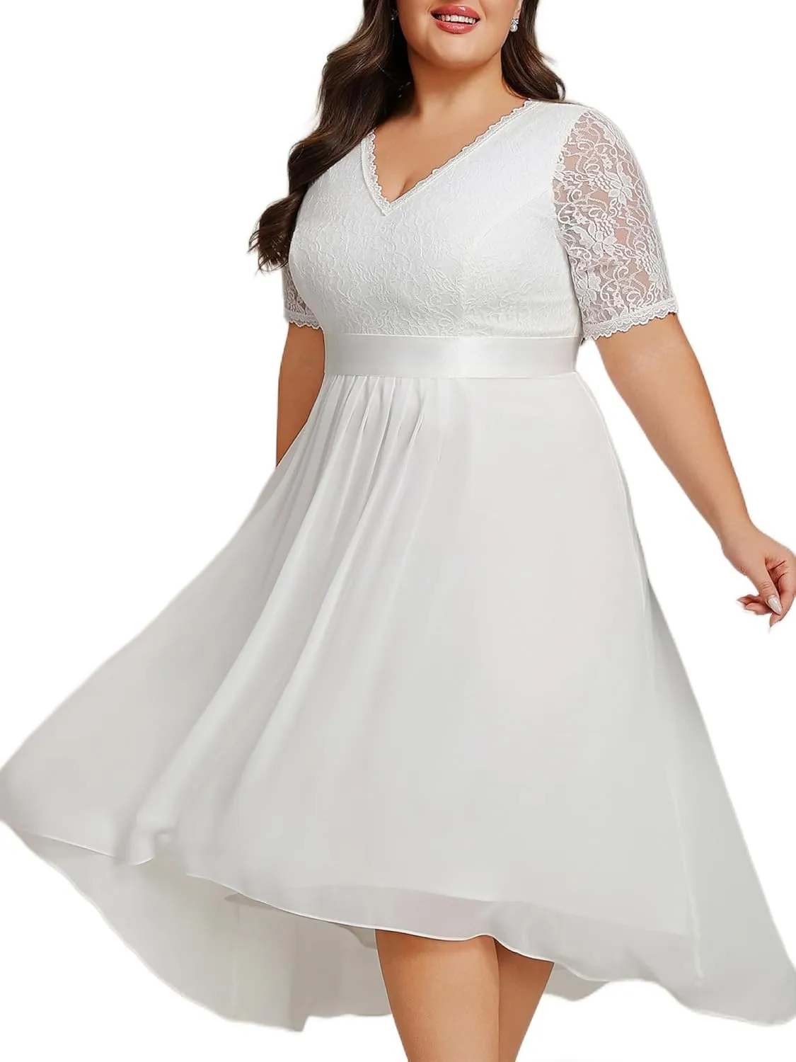 Ever-Pretty Women's V Neck Pleated A Line Lace Chiffon Half Sleeves Midi Plus Size Cocktail Wedding Guest Dresses