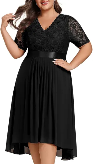 Ever-Pretty Women's V Neck Pleated A Line Lace Chiffon Half Sleeves Midi Plus Size Cocktail Wedding Guest Dresses