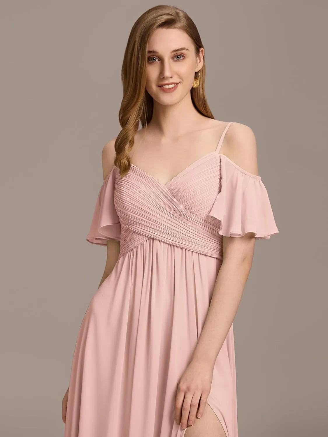 Ever-Pretty Women's V Neck Pleated Cold Shoulder Chiffon Slit Floor Length Bridesmaid Dresses 02365