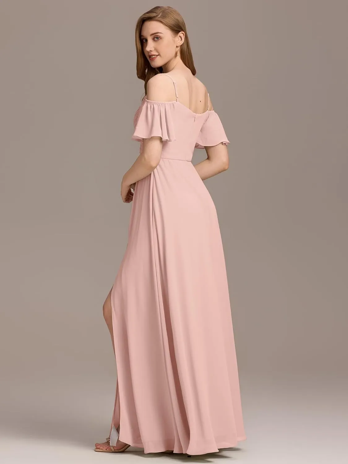 Ever-Pretty Women's V Neck Pleated Cold Shoulder Chiffon Slit Floor Length Bridesmaid Dresses 02365