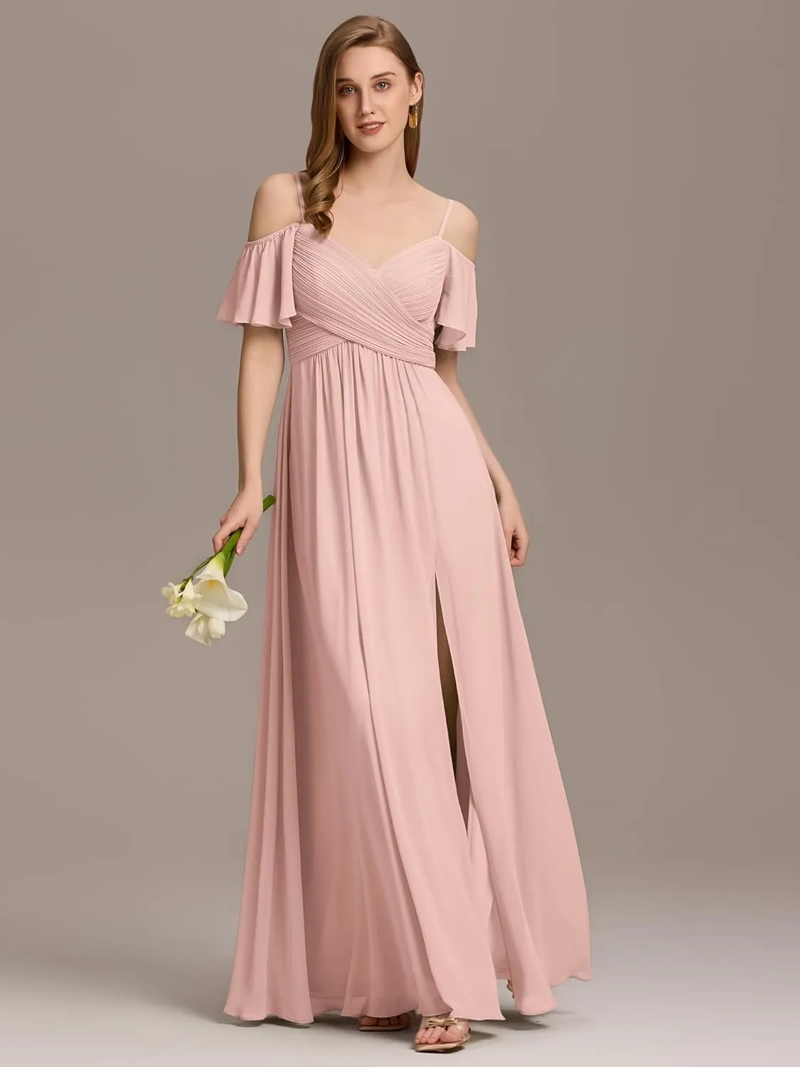 Ever-Pretty Women's V Neck Pleated Cold Shoulder Chiffon Slit Floor Length Bridesmaid Dresses 02365