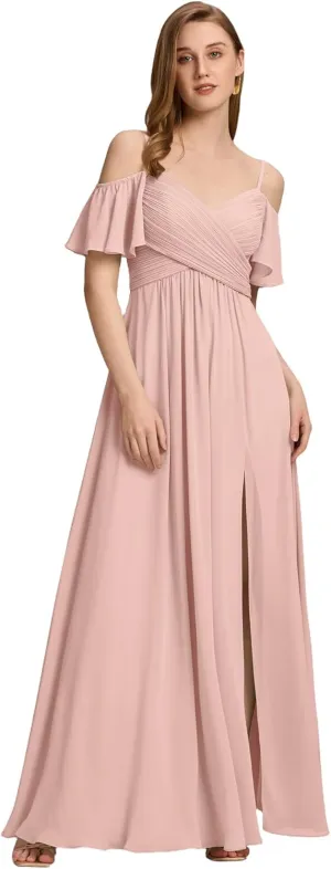 Ever-Pretty Women's V Neck Pleated Cold Shoulder Chiffon Slit Floor Length Bridesmaid Dresses 02365