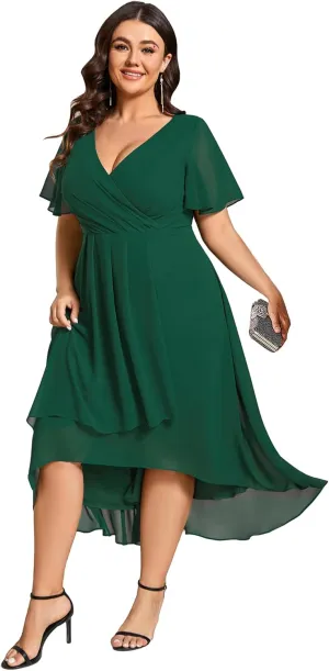 Ever-Pretty Women's V Neck Pleated Plus Size Ruffle Sleeves Chiffon High Low Formal Wedding Guest Dresses 02084-DAPH