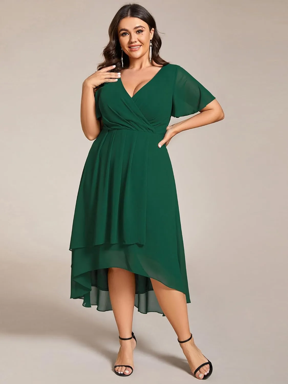 Ever-Pretty Women's V Neck Pleated Plus Size Ruffle Sleeves Chiffon High Low Formal Wedding Guest Dresses 02084-DAPH